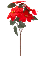 Konstgjord julstjärnkvist med röda tygblommor, gula mittpunkter och gröna blad. Realistisk, cirka 40 cm hög, perfekt för dekorationer och arrangemang.