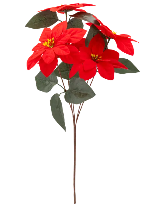 Kunstig julestjernegren med livagtige røde stofblomster, gule midter og grønne blade. Perfekt til juledekorationer, buketter eller hobbyprojekter. Ca. 40 cm høj, vedligeholdelsesfri.