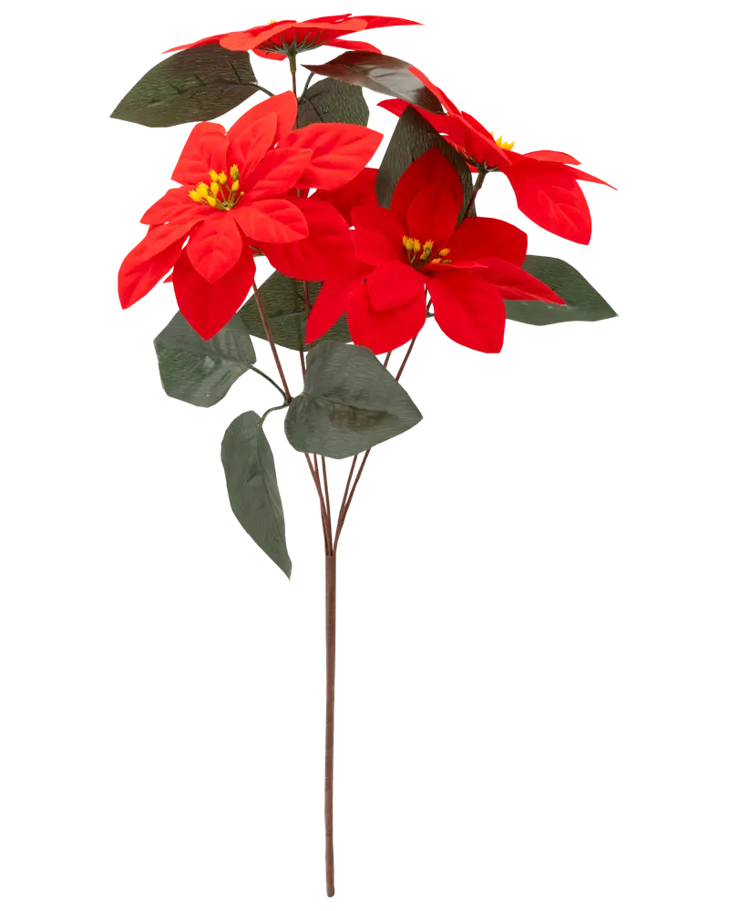 Konstgjord julstjärnkvist med röda tygblommor, gula mittpunkter och gröna blad. Realistisk, cirka 40 cm hög, perfekt för dekorationer och arrangemang.