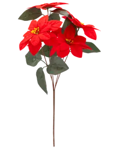 Konstgjord julstjärnkvist med röda tygblommor, gula mittpunkter och gröna blad. Realistisk, cirka 40 cm hög, perfekt för dekorationer och arrangemang.