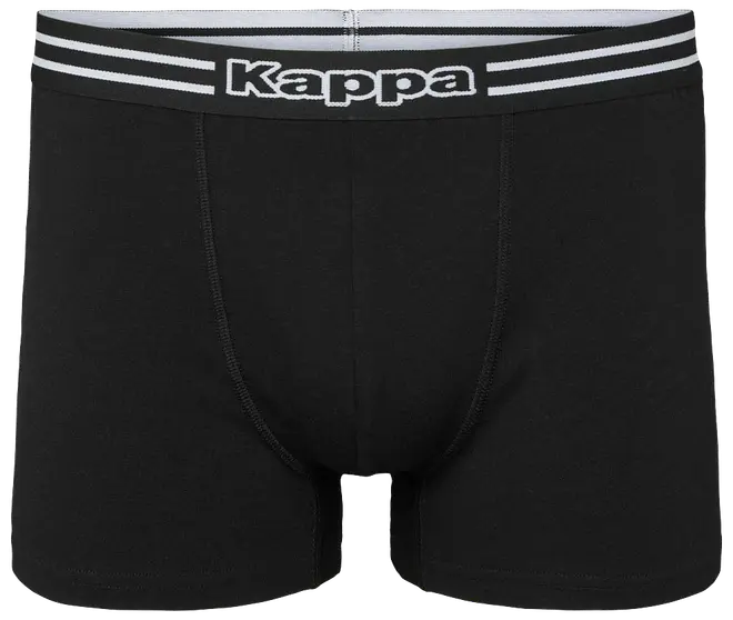 Herre sorte boxershorts med bred elastisk linning, Kappa-logo og hvide striber. Fremstillet i blødt, strækbart materiale for komfort og støtte. Mellemlang benlængde.