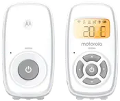 Motorola babyalarm sæt, hvid, med forældre- og babyenhed. LCD-skærm, kontrolknapper, temperaturvisning og tænd/sluk-knap. Kompakt og moderne design til nem overvågning.
