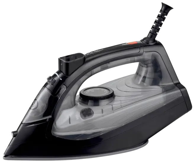 Elegant sort dampstrygejern med gennemsigtig vandtank, justerbar temperaturknap, ergonomisk håndtag og dampkontrolknap. Moderne design til effektiv strygning.