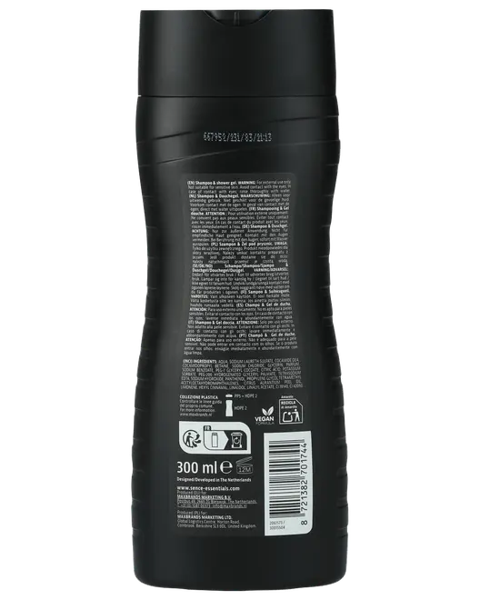 Sort plastflaske, 300 ml, med flip-top låg. Bagsiden har produktinformation, ingrediensliste, genbrugssymboler, vegansk logo og stregkode. Ergonomisk, let buet design for nemt greb.