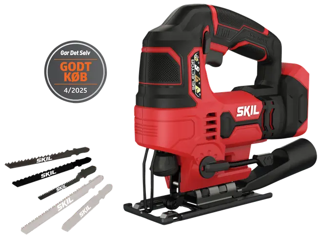 Sladdlös SKIL sticksåg i rött och svart, ergonomiskt handtag, bladväljare, fyra olika blad ingår. Passar för trä och metall. Utmärkelsetecken synligt på bilden.