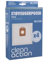 Pakke med 4 Clean Action støvsugerposer til Nilfisk modeller, inkluderer 1 filter. Blå æske med produktbillede og modelnummer NR.2332 vist.