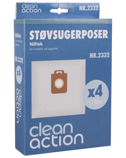 Pakke med 4 Clean Action støvsugerposer til Nilfisk modeller, inkluderer 1 filter. Blå æske med produktbillede og modelnummer NR.2332 vist.