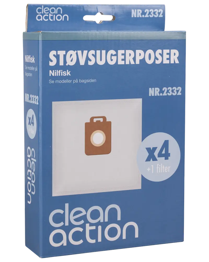 Pakke med 4 Clean Action støvsugerposer til Nilfisk modeller, inkluderer 1 filter. Blå æske med produktbillede og modelnummer NR.2332 vist.