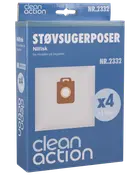 Pakke med 4 Clean Action støvsugerposer til Nilfisk modeller, inkluderer 1 filter. Blå æske med produktbillede og modelnummer NR.2332 vist.