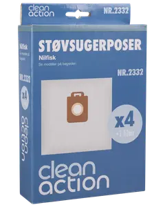 Förpackning med 4 Clean Action dammsugarpåsar för Nilfisk-modeller, inkluderar 1 filter. Blå låda med produktbild och modellnummer NR.2332.