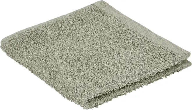 Lys grå vaskeklud i blød, absorberende frotté bomuld. Kvadratisk form med tekstureret overflade og forstærket kant. Velegnet til ansigts- eller håndvask, til daglig brug.