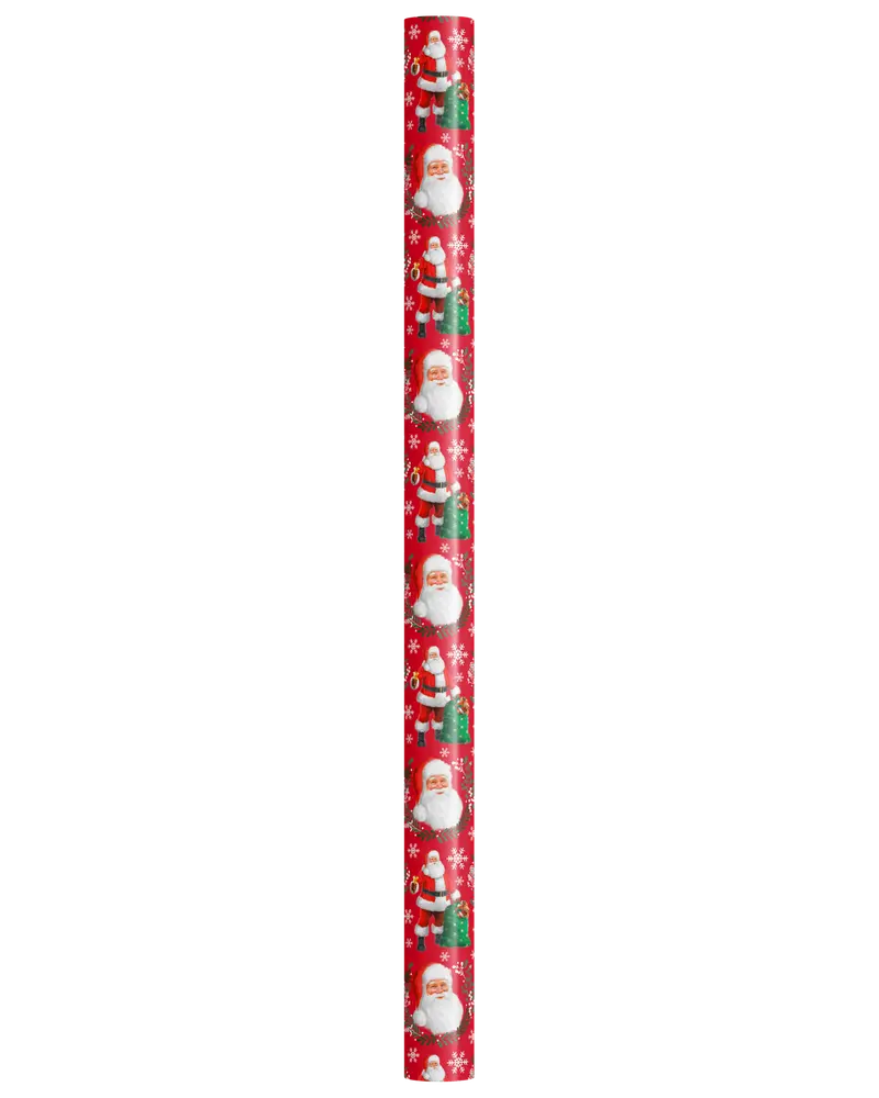 Roll of wrapping paper with a festive red background, featuring repeating illustrations of Santa Claus holding a green Christmas tree, white snowflakes, and small decorative stars. The design is bright and cheerful, suitable for holiday gift wrapping.