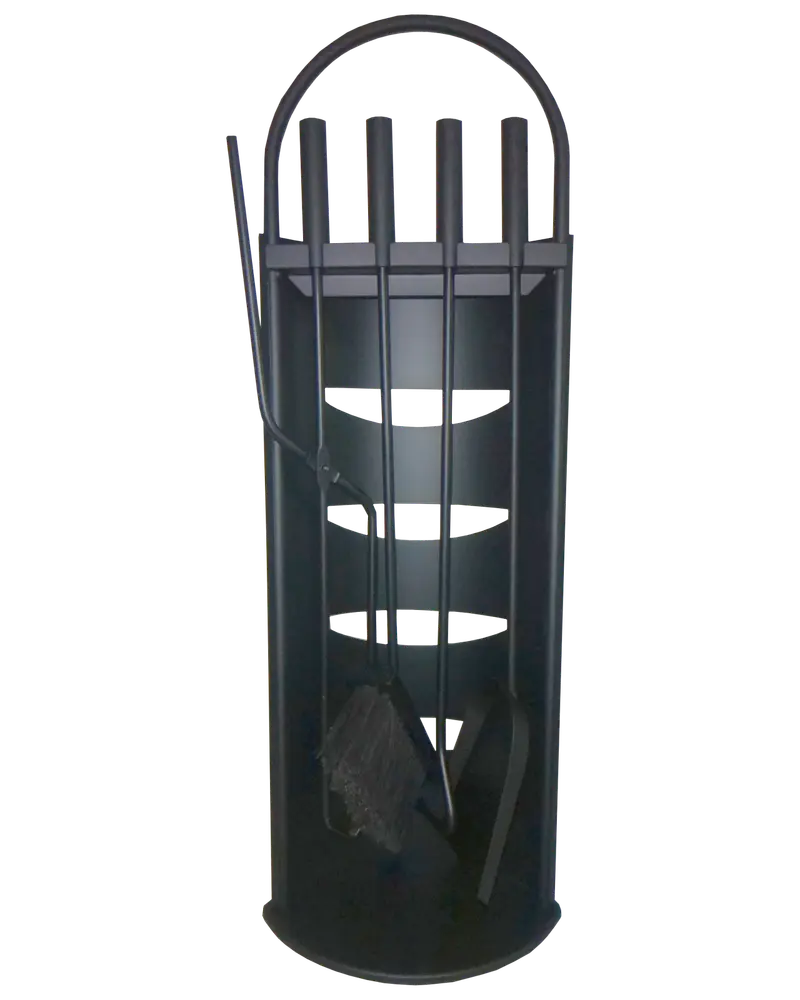 Svart eldstadsset i metall med ställ, innehåller eldgaffel, tång, spade och borste. Verktygen har cylindriska handtag och hänger från bågformat ställ. Modern, robust design.