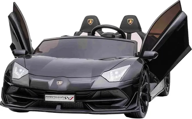 Sort elbil til børn, designet som en Lamborghini Aventador, med to sæder, realistiske forlygter, detaljeret frontgitter, saksedøre og Lamborghini-logoer på sæder og motorhjelm.