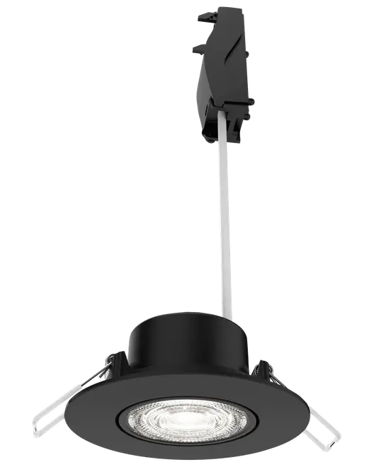 Sort indbygget LED-downlight med rund kant, integreret lyskilde og monteringsbeslag. Velegnet til loftsinstallation og giver fokuseret, energieffektiv belysning til moderne rum.