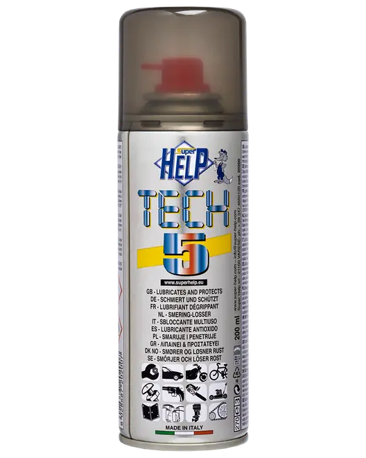 Sølvfarvet aerosol-dåse med Super Help Tech 5 universal smøremiddel og rustløsner med rødt sprayhoved.