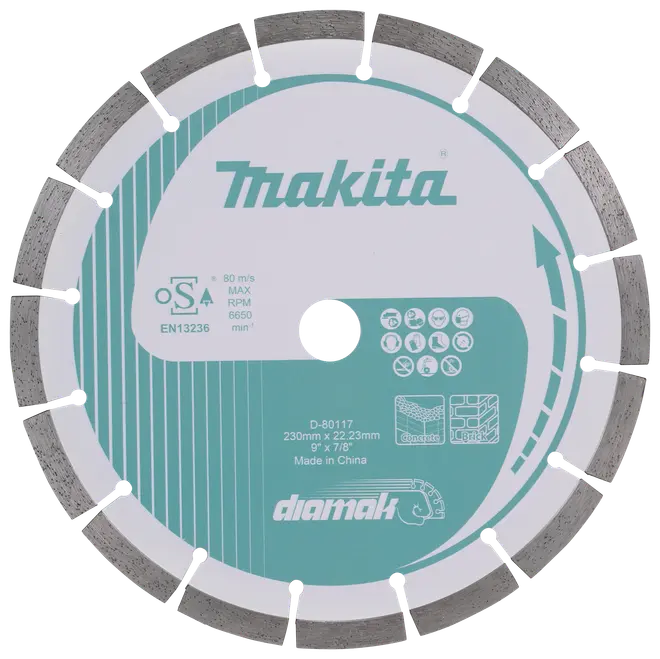 Makita segmenteret diamantskæreskive, 230 mm diameter, 22,23 mm hul, egnet til skæring i beton og mursten. Robust konstruktion og høj ydeevne til professionelt brug.