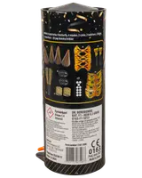 Bordbombe med pap-hatte, butterflys, masker, fløjter, terninger, dominobrikker og konfetti. Sort og guld emballage med indholdet illustreret på etiketten.