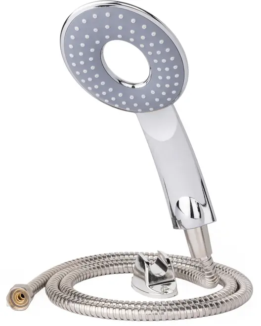 Moderne håndbruser med cirkulært åbent center, kromfinish, fleksibel metalslange og vægbeslag. Udstyret med flere dyser for jævn vandfordeling. Elegant, nutidigt design.
