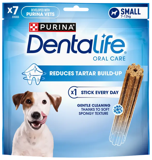 Purina Dentalife Oral Care tuggpinnar för små hundar (7-12 kg), 7 st per förpackning, minskar tandsten, mjuk och porös textur för skonsam rengöring, rekommenderas en pinne dagligen.