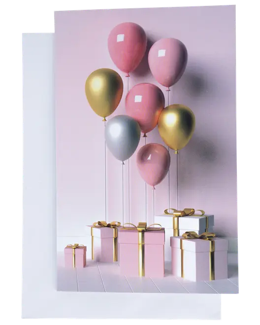 Kort med kuvert 11 x 17 cm - ballon med gave