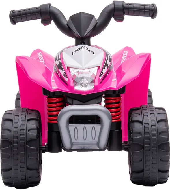 Lyserød ATV til børn med sorte styr, store slidstærke hjul og Honda-logo. Realistiske affjedringsdetaljer foran og robust plastkrop til sikker udendørs leg.