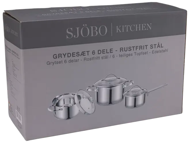 Sexdelat kastrullset i rostfritt stål med lock, olika storlekar grytor och en kastrull. Blank, tålig yta. Levereras i en märkt förpackning.