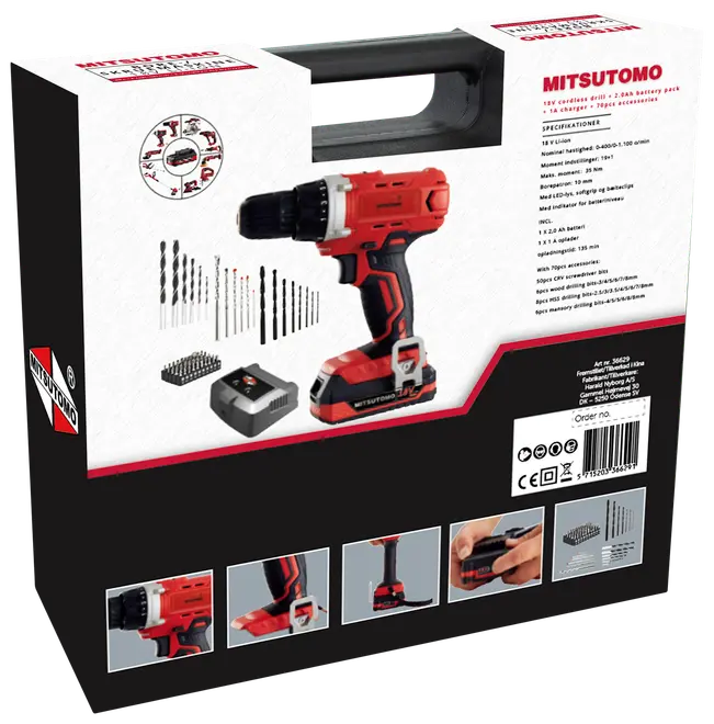 Ledningsfri 18V boremaskine med 2,0Ah batteri, oplader, flere bore- og skruetrækkerbits, alt i en bærbar kuffert. Rød og sort ergonomisk design med tilbehør.