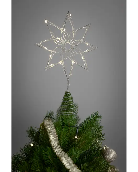 Stjernetop til juletræ i metaltråd med indbyggede varme hvide LED-lys, spiralbase for nem montering, moderne geometrisk design, ideel til at skabe hyggelig julestemning.