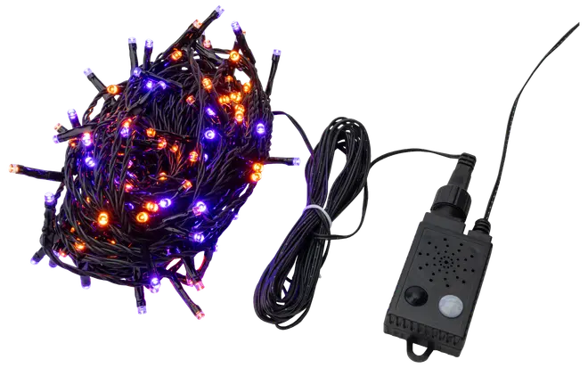 Ljusslinga med lila och orange LED-lampor, svart sladd och kontrollbox. Passar för inomhus- eller utomhusdekoration, särskilt till Halloween eller festliga tillfällen. Med lång anslutningskabel.