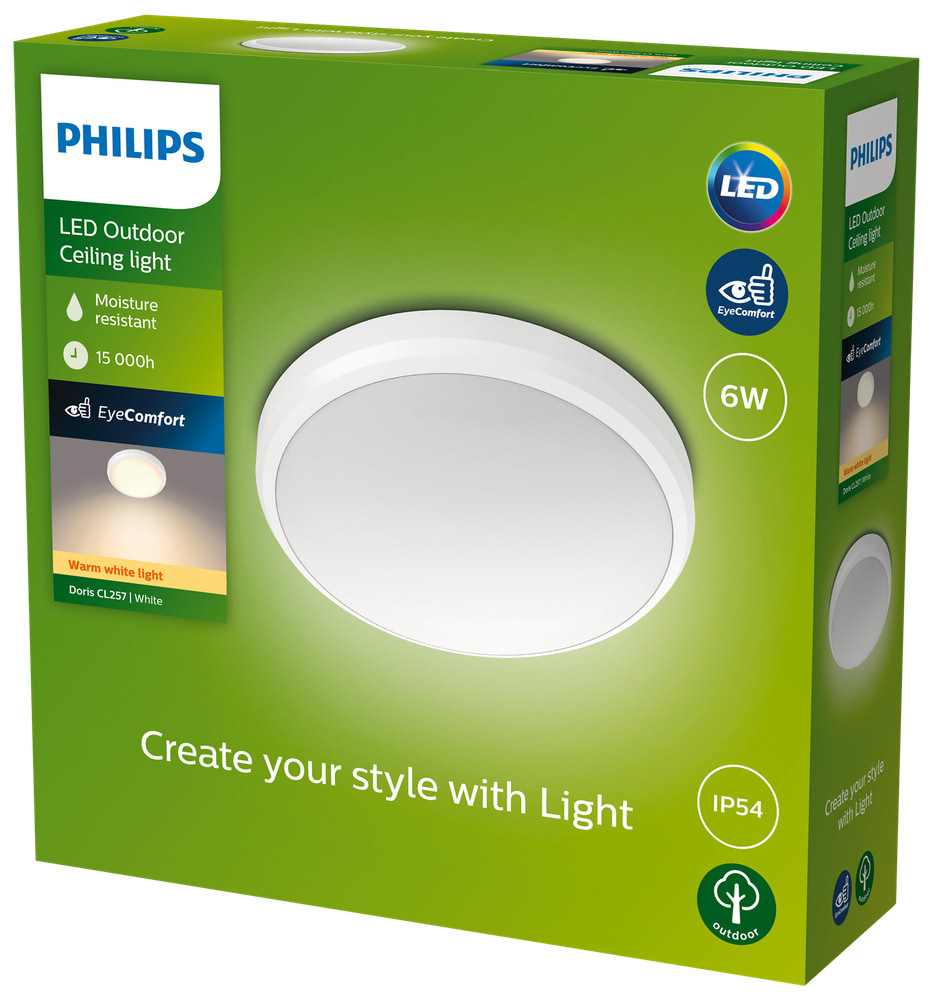 PHILIPS Loftlampe Doris Ø22cm 6W IP54 - hvid