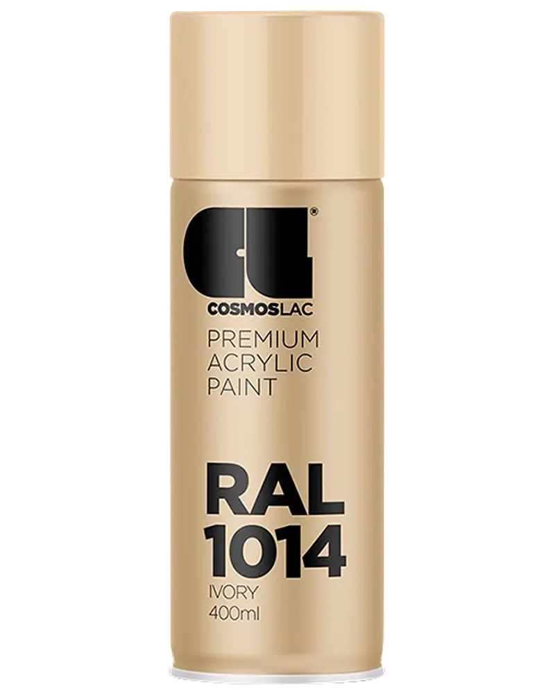400 ml spraydåse med Cosmoslac premium akrylmaling i RAL 1014 elfenbensfarve. Dåsen er beige med sort tekst og blank finish.