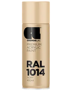 400 ml spraydåse med Cosmoslac premium akrylmaling i RAL 1014 elfenbensfarve. Dåsen er beige med sort tekst og blank finish.