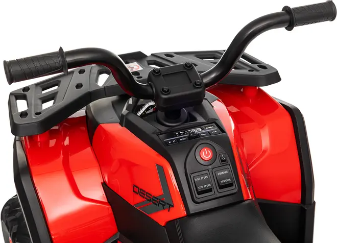 Rød og sort elektrisk børne-ATV med styr, store plastpaneler, kontrolknapper og robust terrængående design.