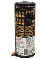 Festsæt med 6 guld paphatte, 6 guldmasker, 3 fløjter, 3 tudehorn, 2 overskæg, 2 læber og 2 serpentiner, alt i festligt guldtema.