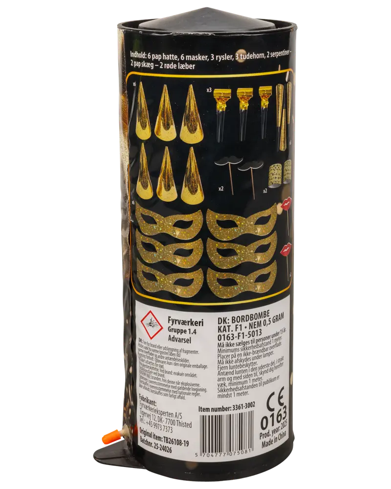 Festsæt med 6 guld paphatte, 6 guldmasker, 3 fløjter, 3 tudehorn, 2 overskæg, 2 læber og 2 serpentiner, alt i festligt guldtema.