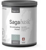 Saga basic grundmaling til indendørs træ og metal, 0,75 liter. Høj kvalitet, let påføring, god vedhæftning, produceret i Danmark. Grå låg, hvid etikette med information.