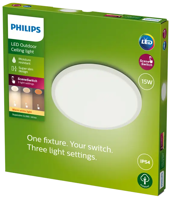 PHILIPS Taklampa SceneSw. slim Ø25cm 15W IP54 vit
