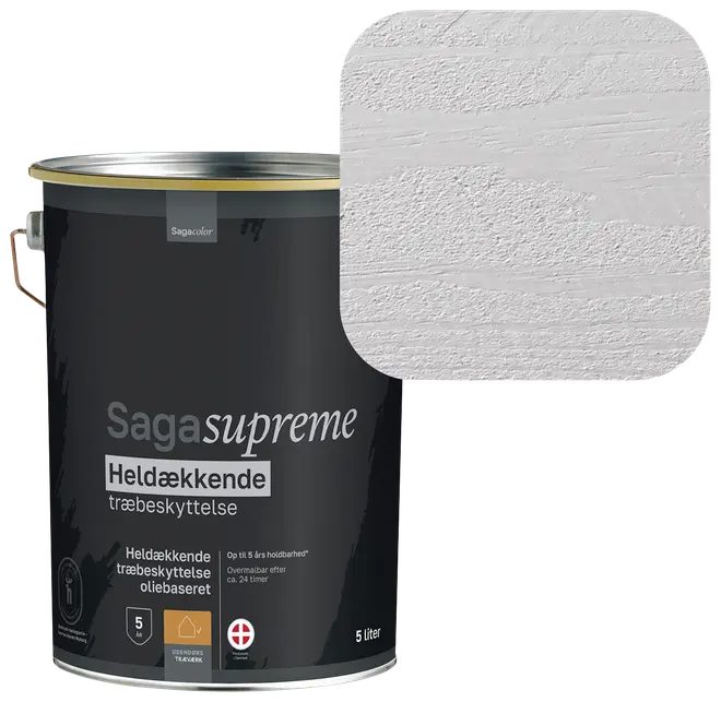 Saga Supreme heldækkende træbeskyttelse, oliebaseret, 5 liter sort spand. Vist farve er lys grå med mat finish, egnet til udendørs træværk.