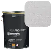 Saga Supreme heldækkende træbeskyttelse, oliebaseret, 5 liter sort spand. Vist farve er lys grå med mat finish, egnet til udendørs træværk.