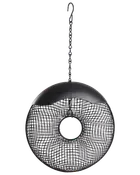 Rund sort fuglefoderautomat i metal med netkrop, centralt hul og solidt topdække. Leveres med ophængskæde og krog til nem montering udendørs.