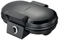 Svart elektriskt våffeljärn med justerbar temperaturvred, non-stick-plattor och robust handtag. Kompakt design för hemmakök. Märket "Sjöbo" syns på locket.