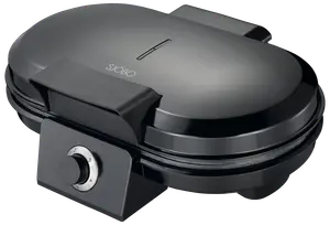 Svart elektriskt våffeljärn med justerbar temperaturvred, non-stick-plattor och robust handtag. Kompakt design för hemmakök. Märket "Sjöbo" syns på locket.