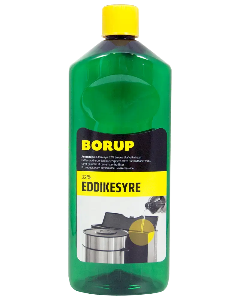 Grøn plastflaske med gul låg, mærket 'Borup 32% Eddikesyre.' Anvendes til afkalkning. Sort og gul etiket med brugsanvisning og billede af væske, der hældes.