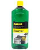 Grøn plastflaske med gul låg, mærket 'Borup 32% Eddikesyre.' Anvendes til afkalkning. Sort og gul etiket med brugsanvisning og billede af væske, der hældes.