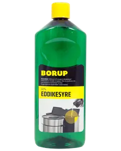 Grøn plastflaske med gul låg, mærket 'Borup 32% Eddikesyre.' Anvendes til afkalkning. Sort og gul etiket med brugsanvisning og billede af væske, der hældes.