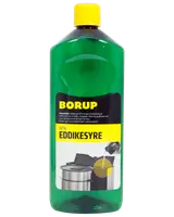 Grøn plastflaske med gul låg, mærket 'Borup 32% Eddikesyre.' Anvendes til afkalkning. Sort og gul etiket med brugsanvisning og billede af væske, der hældes.