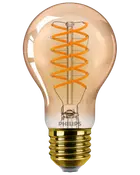 Philips LED-lampa i vintage-stil med bärnstensfärgat glas, spiralformad glödtråd och vanlig skruvsockel. Dekorativ och energisnål för varm atmosfär.