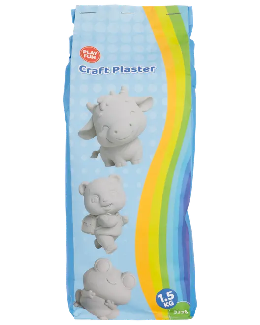 Pose med Play Fun Craft Plaster, 1,5 kg, til støbning og hobby. Blå emballage med tegneserie-dyr og regnbuestribe. Velegnet til kreative projekter og modellering.