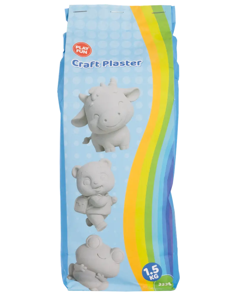 Pose med Play Fun Craft Plaster, 1,5 kg, til støbning og hobby. Blå emballage med tegneserie-dyr og regnbuestribe. Velegnet til kreative projekter og modellering.